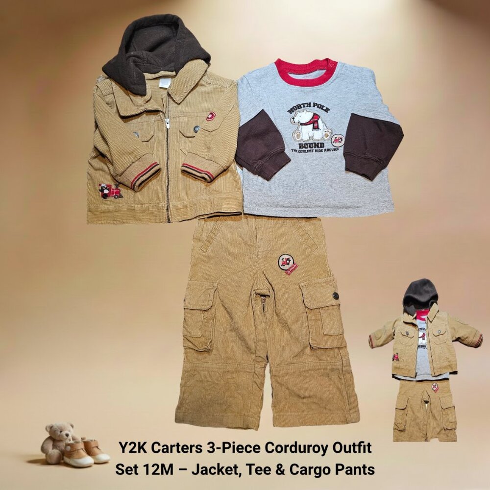 Y2K Carters 3-Piece Corduroy Outfit Set 12M – Jacket, Tee & Cargo Pants